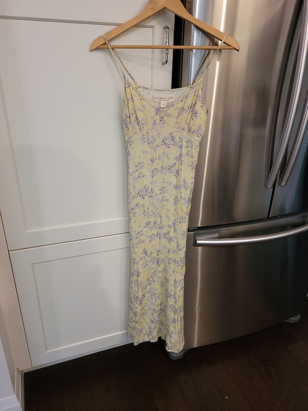 saltwater LUXE Lemon Yellow Maxi Slip Dress with Lavender Floral Print